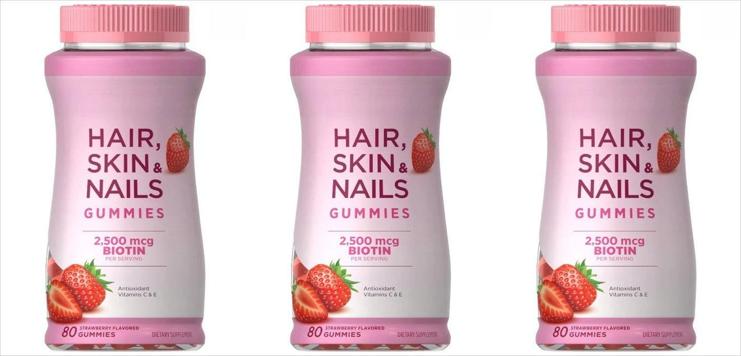 Hair Skin & Nails Gummies | Biotin 2500mcg Vitamins A C E – 80ct