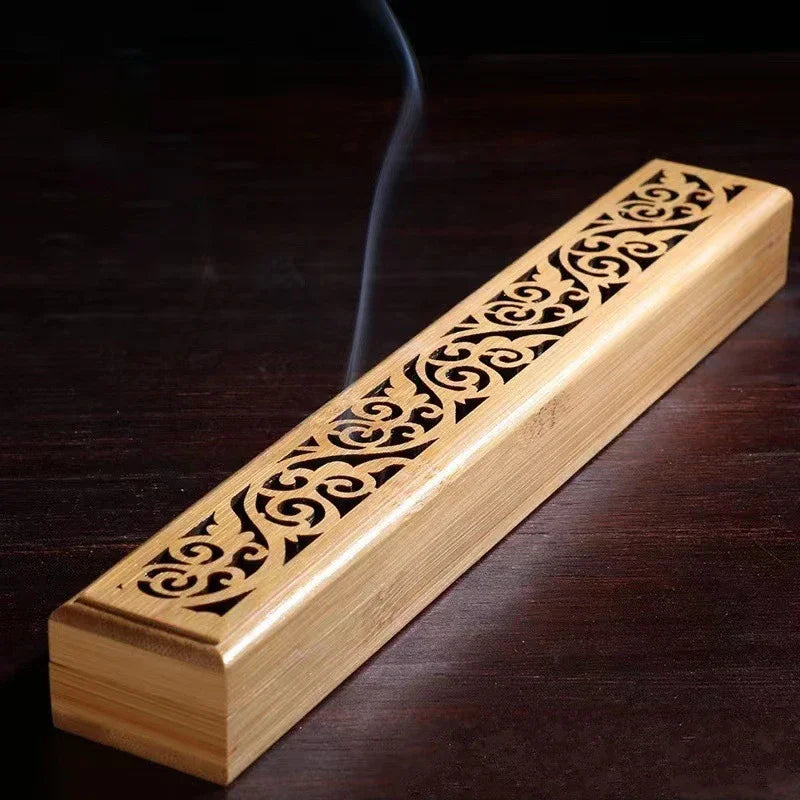 1pc Natural Bamboo Incense Burner with Laying Plate - Aromatherapy Wooden Box for Incense Storage and Burning Peaceful Pleasures Health and Wellness