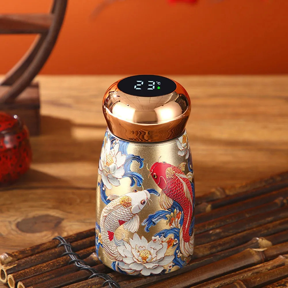 304 Stainless Steel Insulated Cup 230ml Chinese Style Thermal Water Bottle Leak-Proof Temperature Display Coffee Mug Peaceful Pleasures Health and Wellness Koi 51-100ml