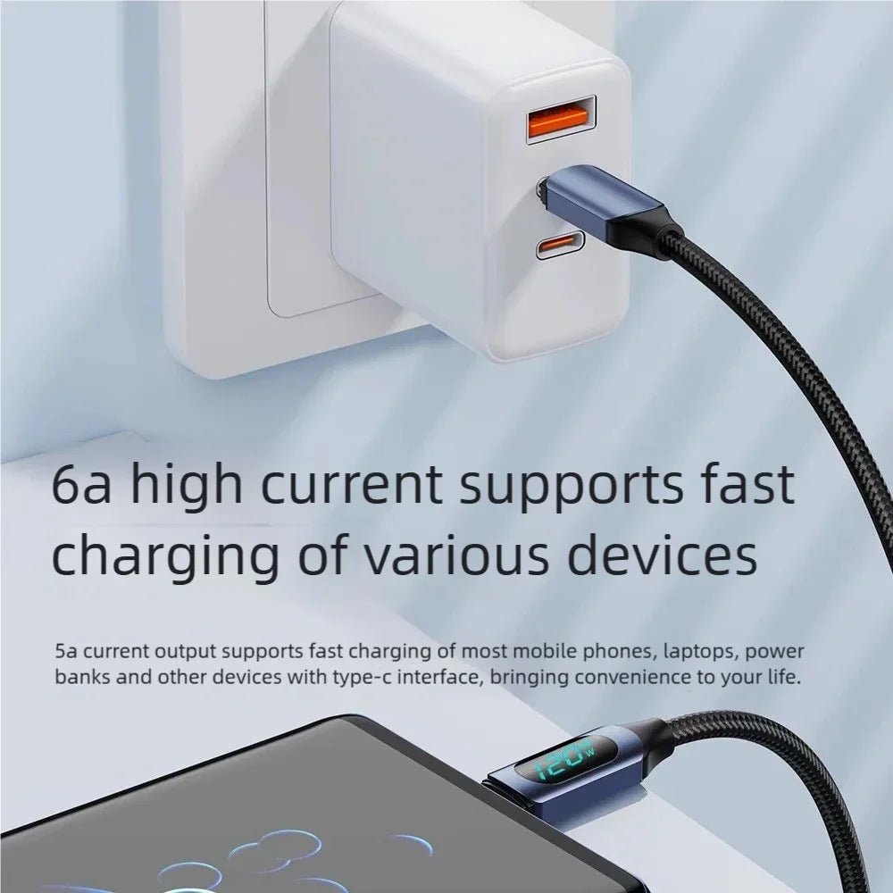 120W USB-C Fast Charging Cable | LED Display & Nylon Braided
