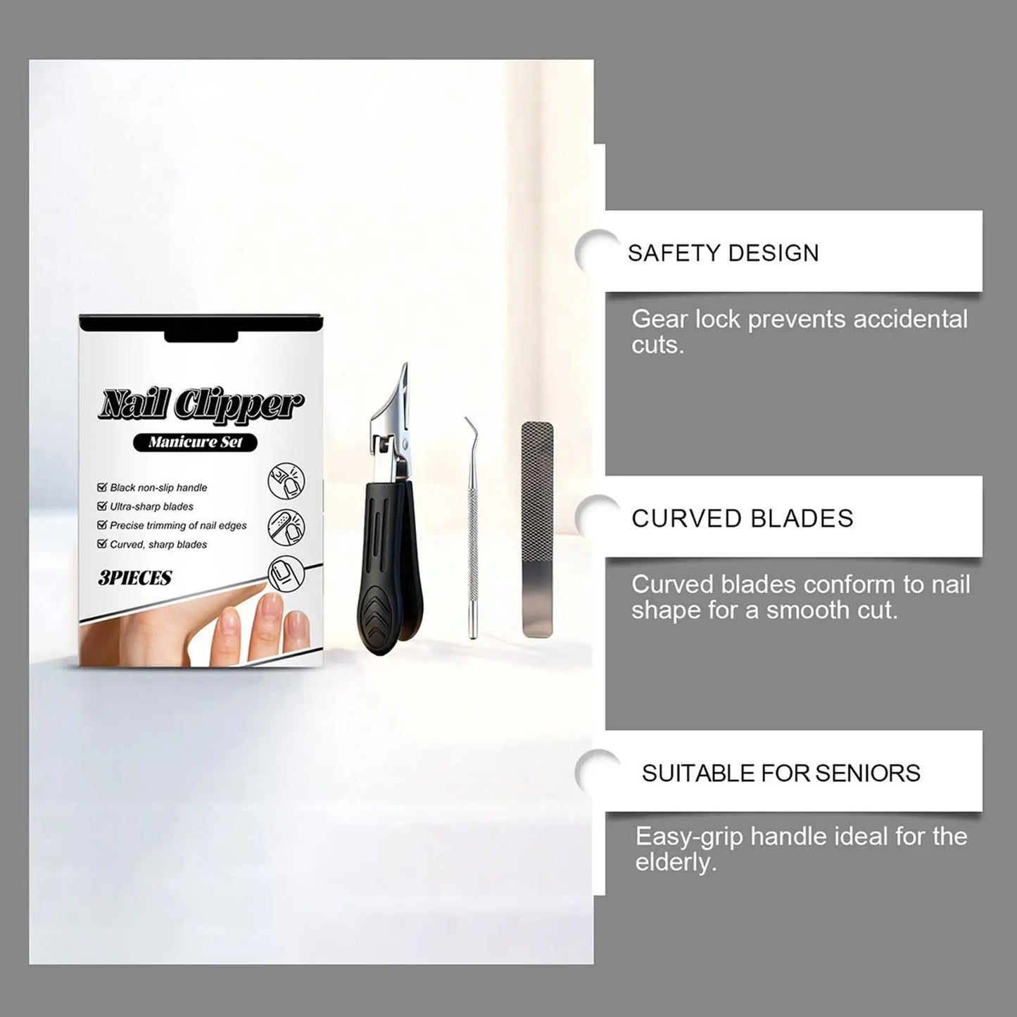 Angled Nail Clippers | Wide Opening Anti-Splash Trimmer Set