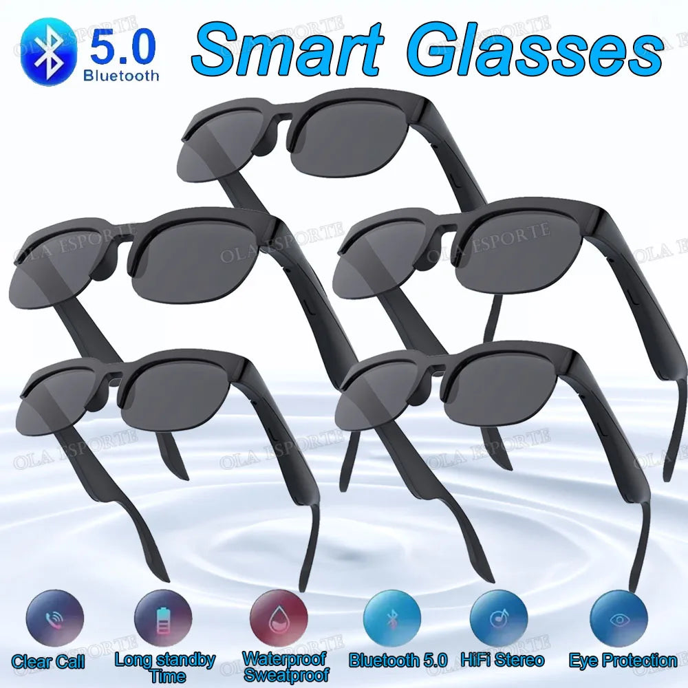 New Smart Glasses Polarized Bluetooth Sunglasses Bone Conduction Sun Glass Cycling/driving Polarized Communication Sunglasses Peaceful Pleasures Health and Wellness 5Bk-Bk