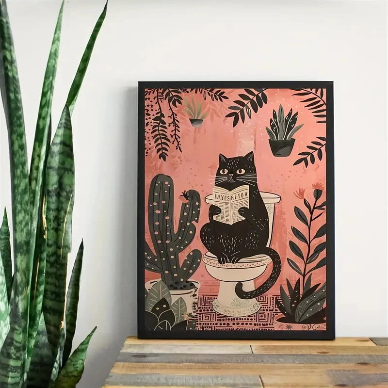 Black Cat Reading Newspaper Canvas Poster | Fun Wall Art