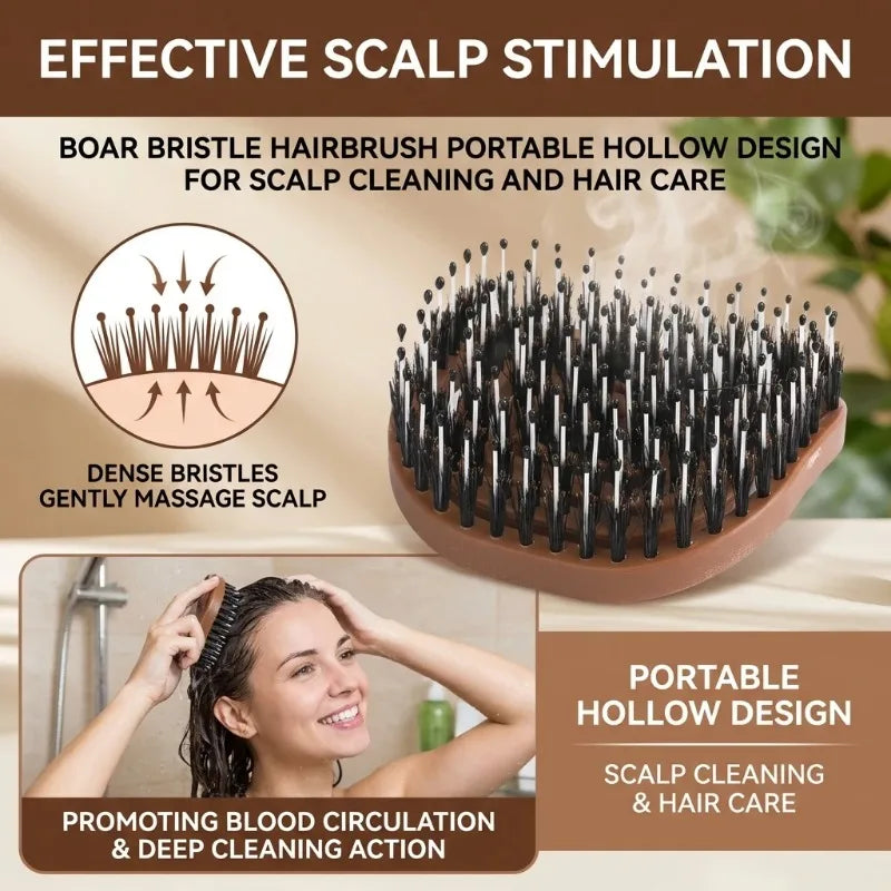 Portable Boar Bristle Hairbrush for Scalp Cleaning with Hollow Ventilated Design Eco-Friendly Ergonomic Handle for All Hair Type Peaceful Pleasures Health and Wellness