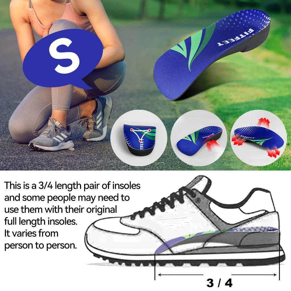 RooRuns Orthopedic Arch Support Shoes Insoles 3/4 Length Flat Feet Shoes Pads for Feet Plantar Fasciitis Heel Pain Relief Unisex Peaceful Pleasures Health and Wellness S 2pc
