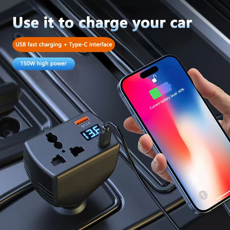150W Car Power Inverter DC 12V to AC 220V Adapter with QC3.0 USB-C Charger Digital Display 3-in-1 Multi-Port Car Charger Peaceful Pleasures Health and Wellness