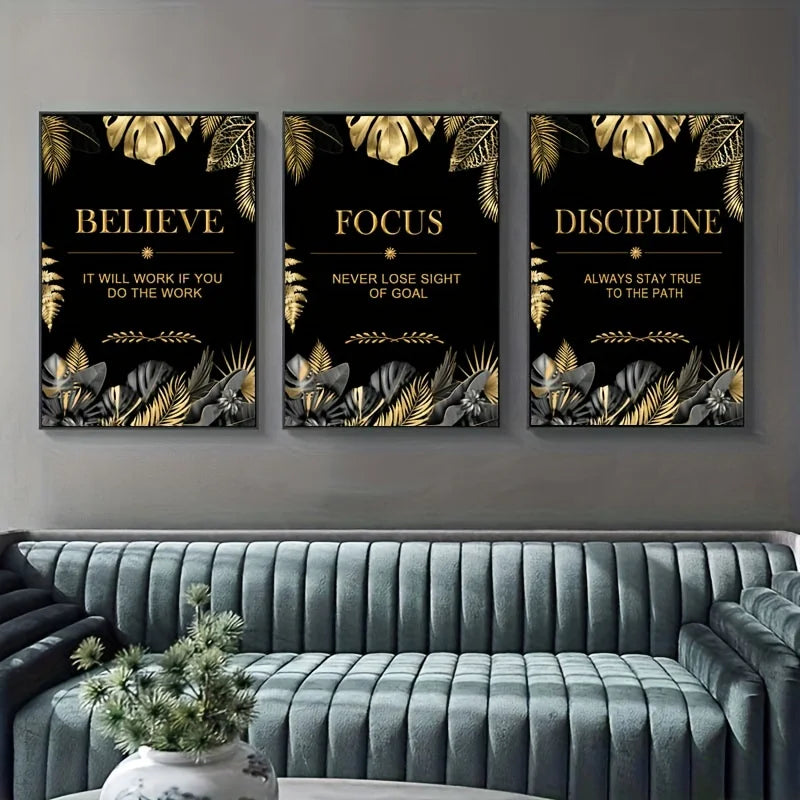 3pcs Luxury Art Canvas Wall Art Poster Believe Focus Discipline Motivation Inspirational Quote Poster Modern Home Decor Unframed Peaceful Pleasures Health and Wellness