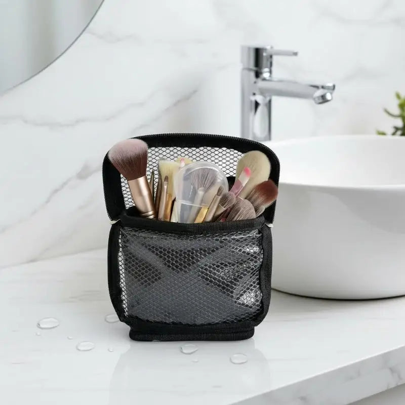 Foldable Net Zipper Makeup Brush Bag | Stand-Up Cosmetic Organizer