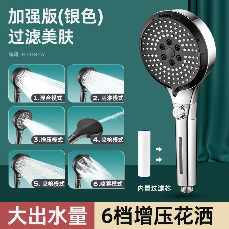 6-Mode High Pressure Handheld Shower Head with Filter & Stop