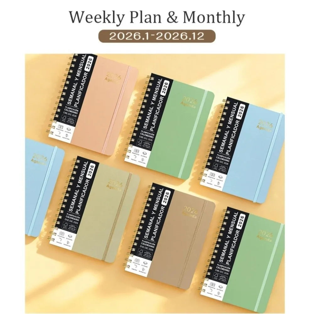 2026 Spanish Planner a5 Notebook Essential Daily Organizer Self-Tracking Diary Book Convenient Coil Calendar Peaceful Pleasures Health and Wellness