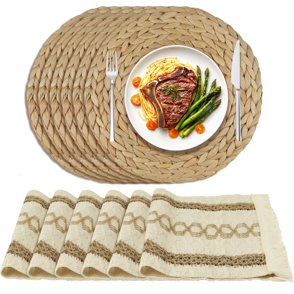 Boho Dining Table Mats Set of 6 Woven Placemats for Family Dinner Kitchen Table Decor Natural Round Eco-Friendly Placemats Peaceful Pleasures Health and Wellness C Set of 6