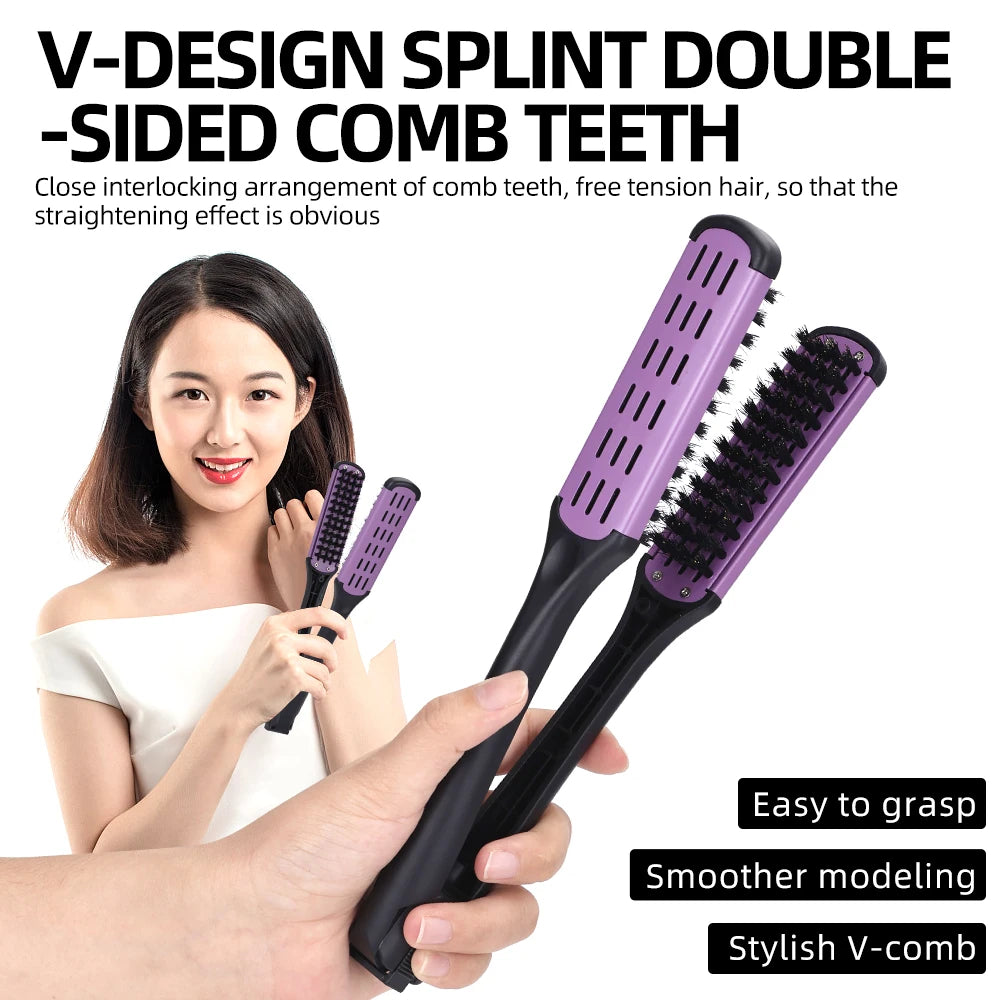 Professional V-Shape Hair Straightening and Curling Brush - High-Temperature Pure Boar Bristle Multi-Functional Styling Comb Peaceful Pleasures Health and Wellness