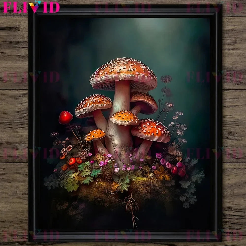 Dark Botanical Gothic Mushroom & Roses Canvas Wall Print