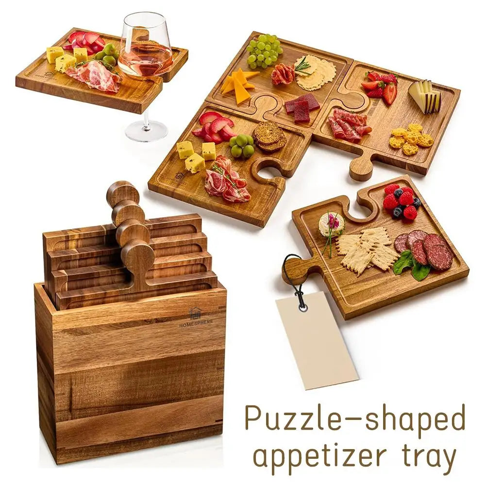 Wooden Puzzle Shaped Appetizer Tray Four Piece Set Cooked Food Board Kitchen Cutting Board Cooked Cheese Bread Charcuterie Board Peaceful Pleasures Health and Wellness