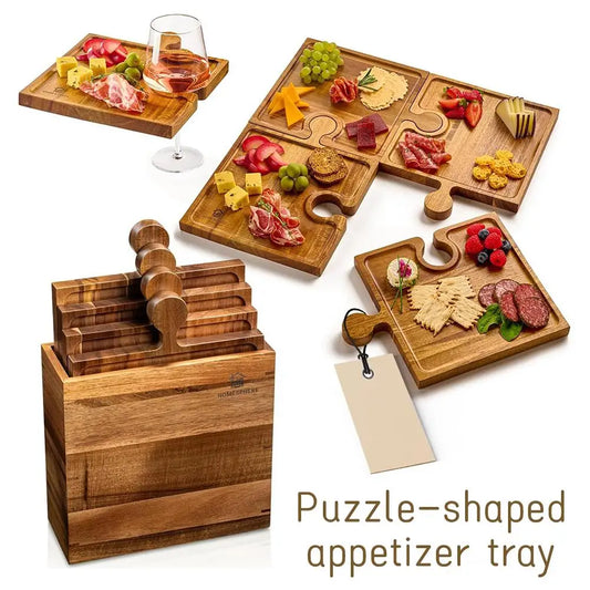 Wooden Puzzle Shaped Appetizer Tray Four Piece Set Cooked Food Board Kitchen Cutting Board Cooked Cheese Bread Charcuterie Board Peaceful Pleasures Health and Wellness