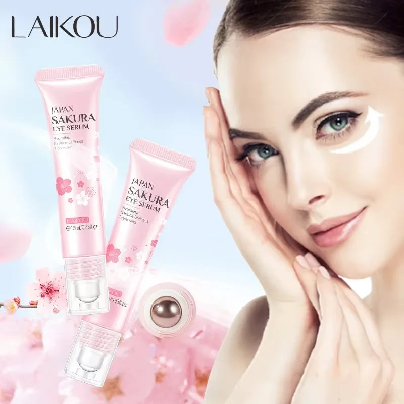 Sakura Eye Bag Repair Serum Roller Massage Cream Anti-Wrinkle Firming Skin Fine Lines Anti Dark Circles Puffiness Brighten Eye Peaceful Pleasures Health and Wellness 1pc-15ml