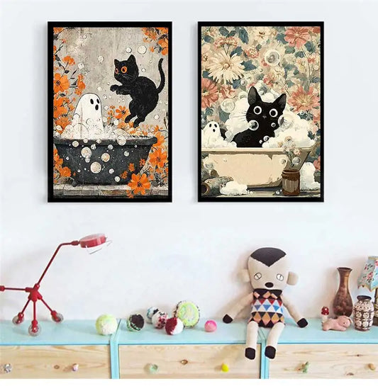Halloween Ghost Black Cat Bathtub Canvas Wall Art Print Canvas Wall Art Peaceful Pleasures Health and Wellness