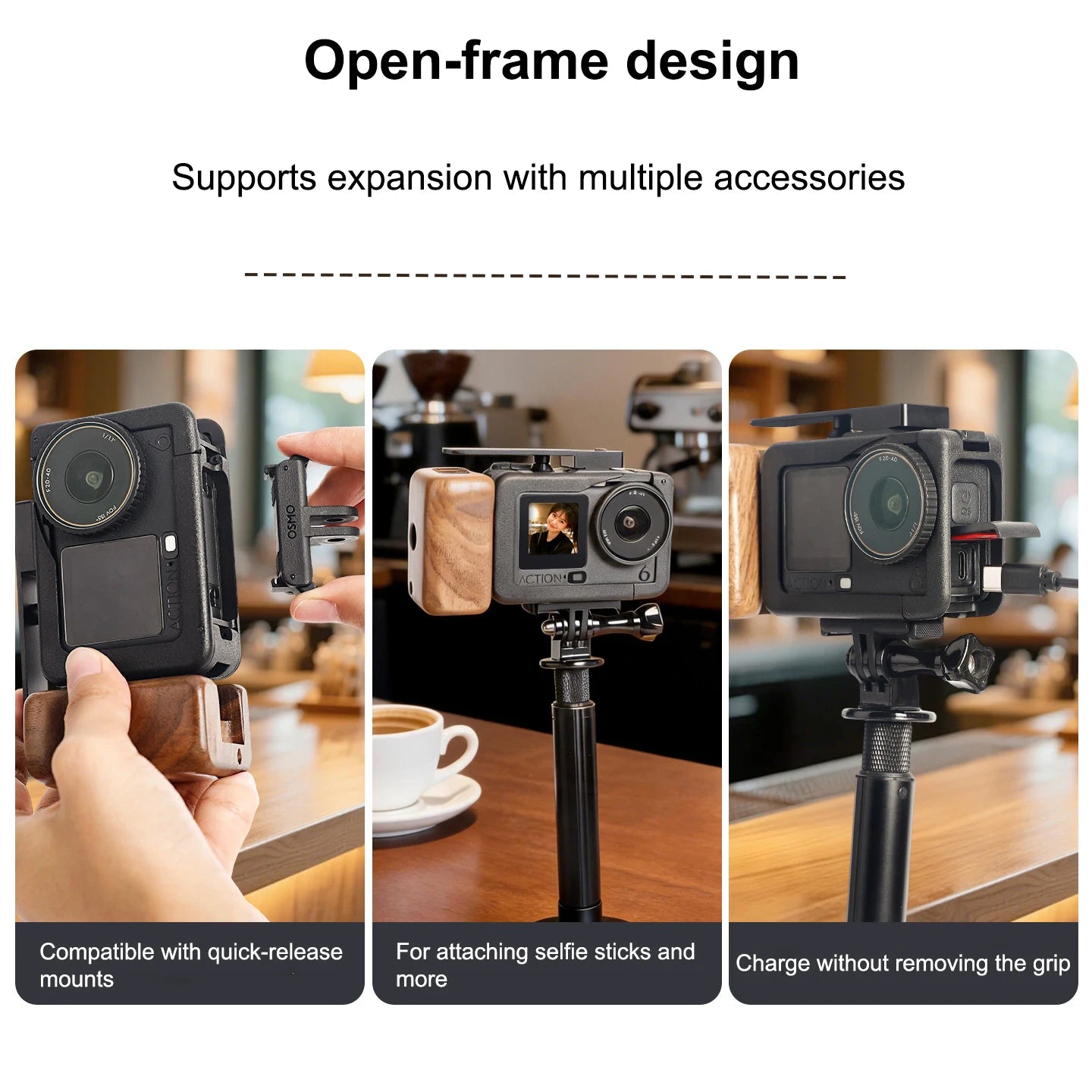 High-Quality Natural Wood Aluminum Cage Grip For DJI Action 6 Ergonomic See Saw Shutter Quick Release Base With Lanyard Peaceful Pleasures Health and Wellness Default Title