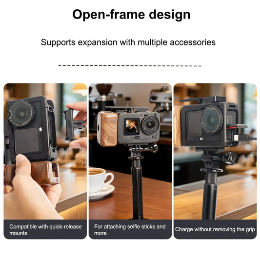 High-Quality Natural Wood Aluminum Cage Grip For DJI Action 6 Ergonomic See Saw Shutter Quick Release Base With Lanyard Peaceful Pleasures Health and Wellness Default Title