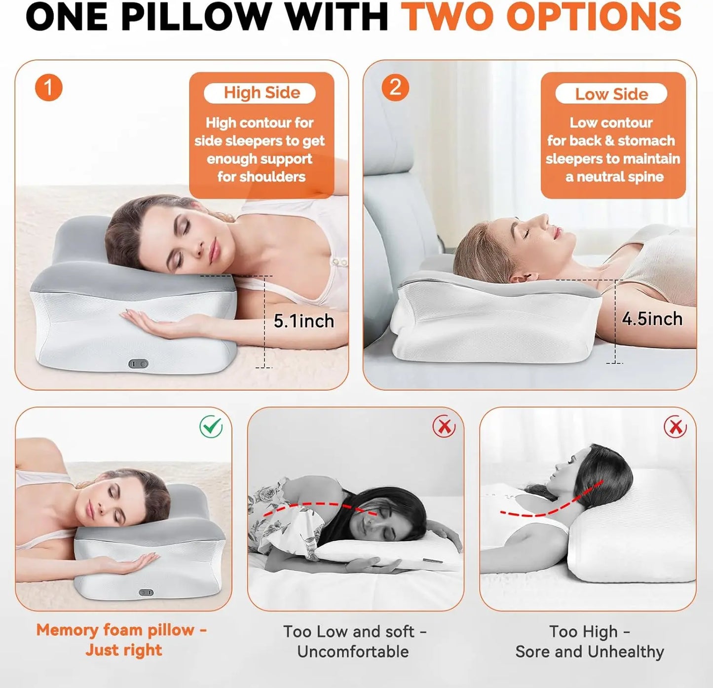 Memory foam pillow with high and low side options for different sleep positions.