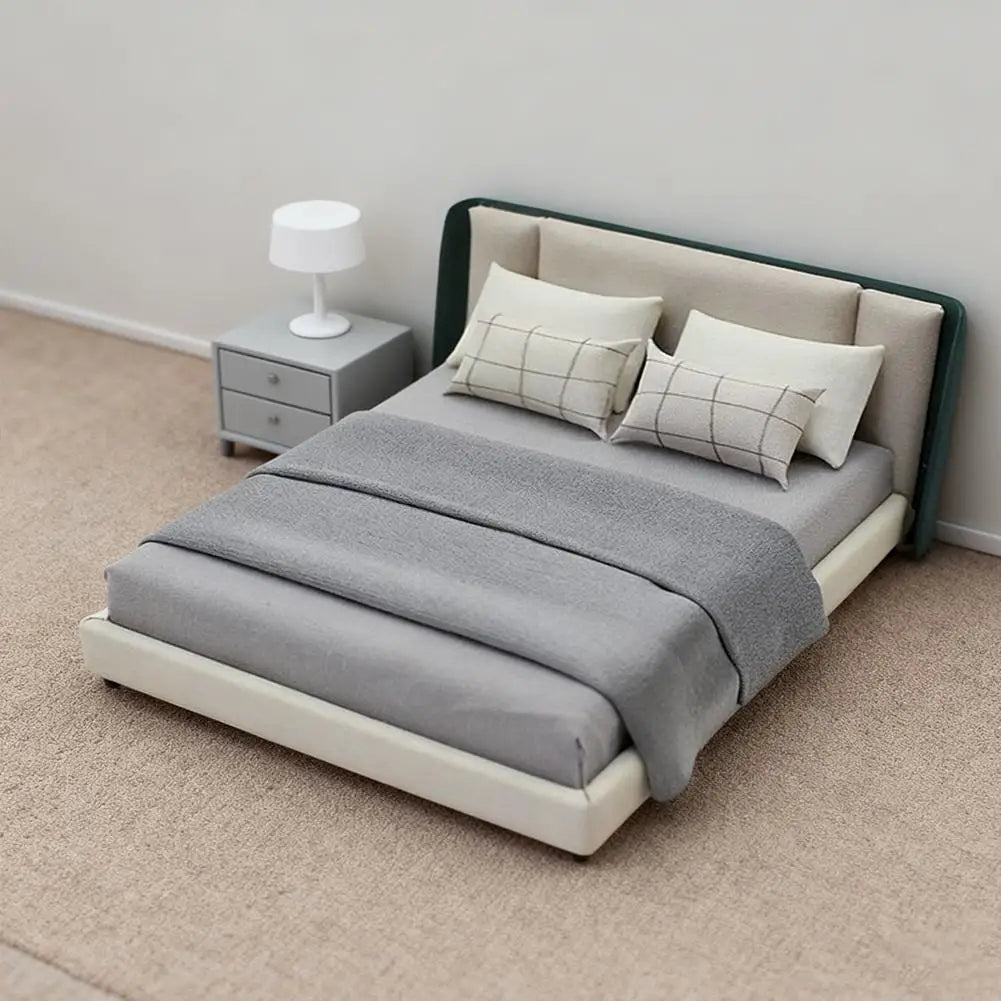 Bedroom Miniature Double Bed Beddings Cream Furniture Decoration