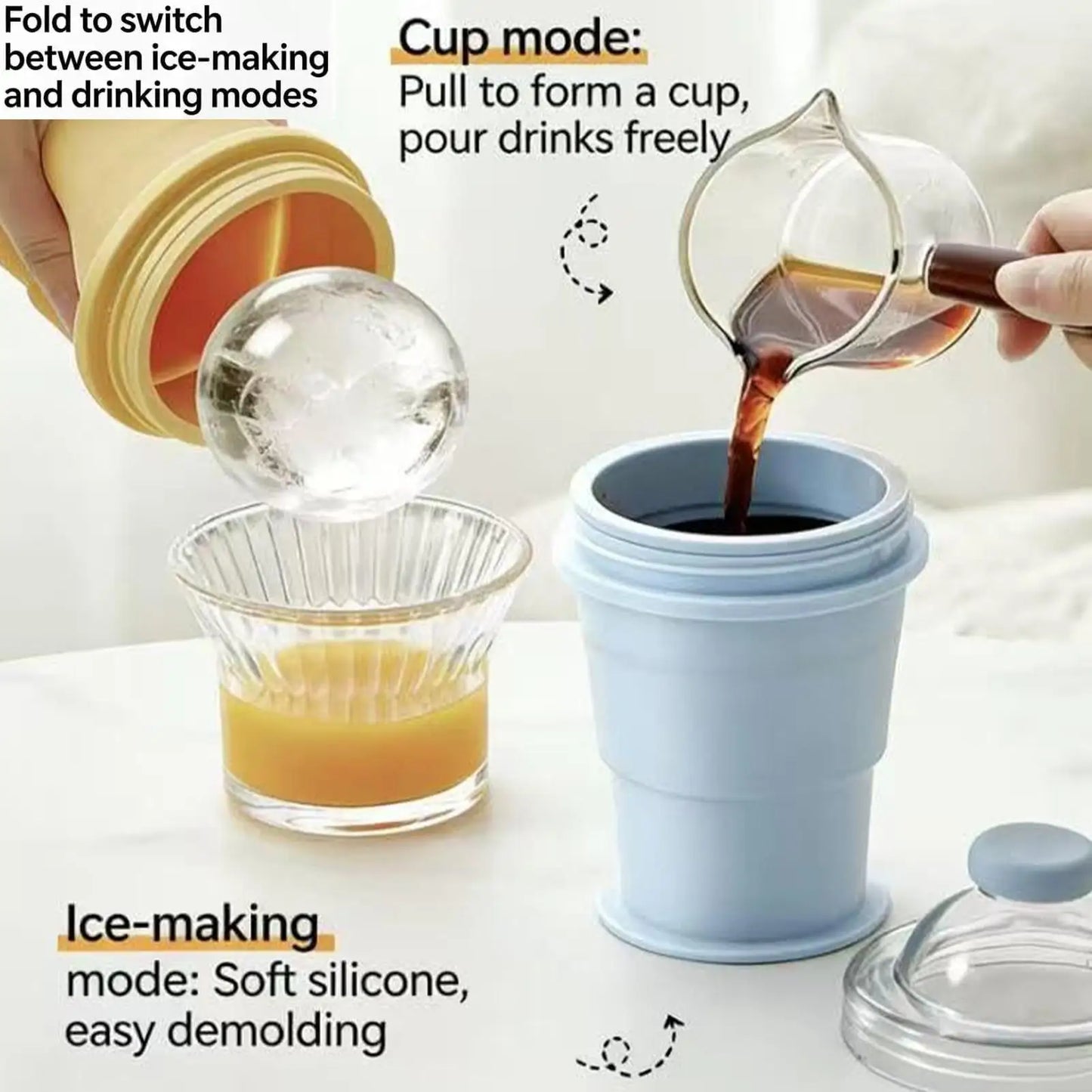 2-in-1 Foldable Silicone Ice Ball Cup & Sphere Mold with Straw