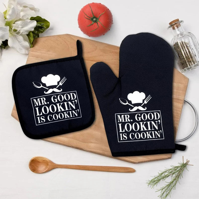 Funny "Mr. Good Looking Is Cooking" Oven Mitts & Pot Holders Set Oven Mitts Set Peaceful Pleasures Health and Wellness