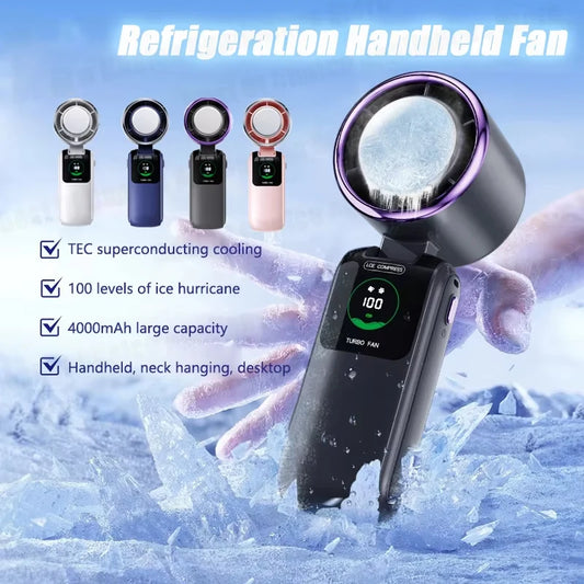 Portable Air Cooling Turbos Handheld Fan 100-Speed Adjustable Refrigeration Cooler 4000mAh LED Display USB Rechargeable Peaceful Pleasures Health and Wellness