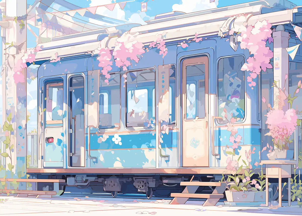 Aestheticism Anime Scenes Posters Sakura Tram Train Ocean View Landscape Prints Canvas Painting Wall Art Picture for Home Decor Peaceful Pleasures Health and Wellness