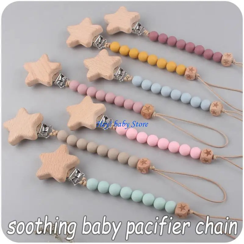 Baby Pacifier Clip Silicone & Beech Wood Teething Toy Chain