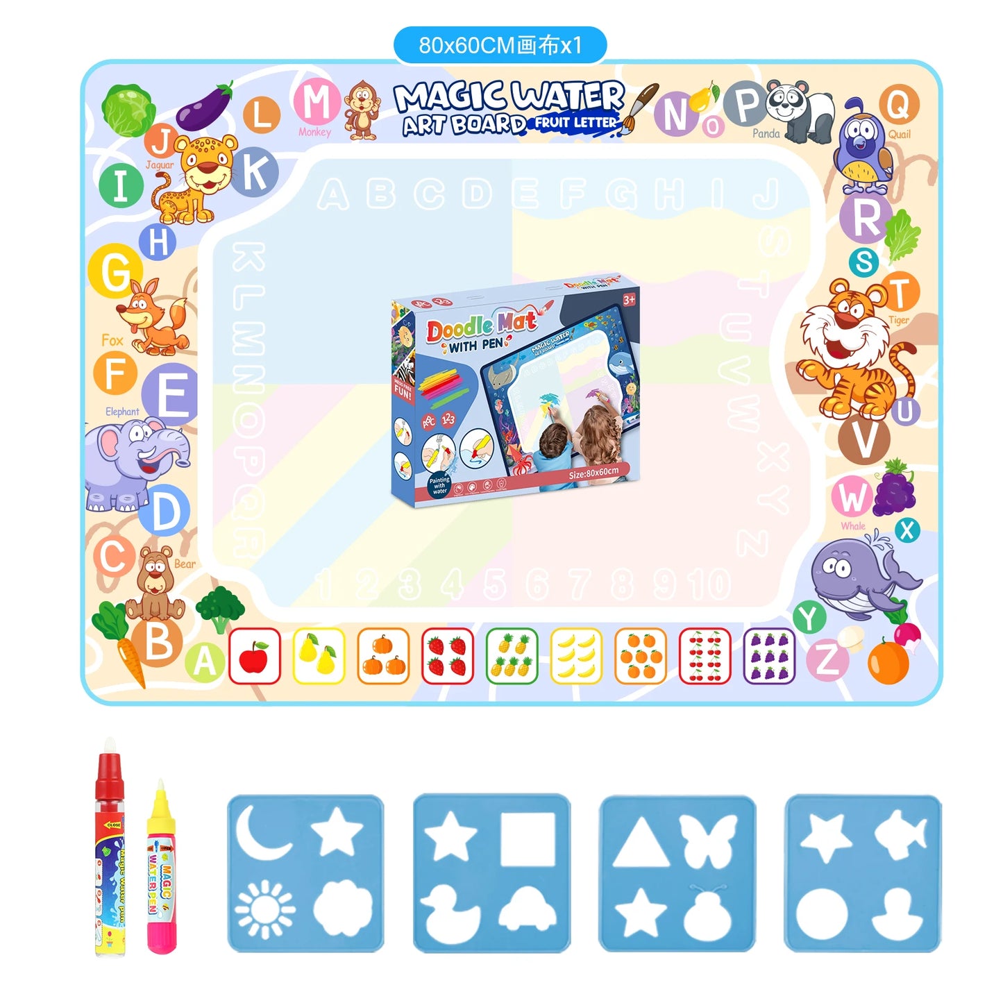 80x60CM Kids Coloring Doodle Magic Water Drawing Mat Reusable Pens