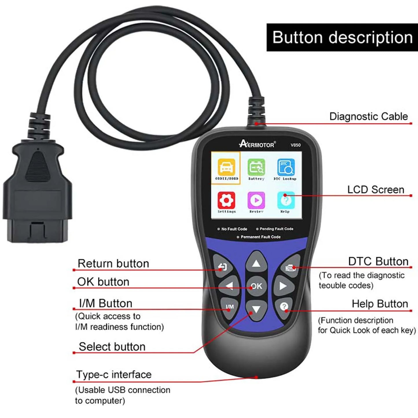 Aermotor V850 OBD2 Car Diagnostic Scanner & Code Reader