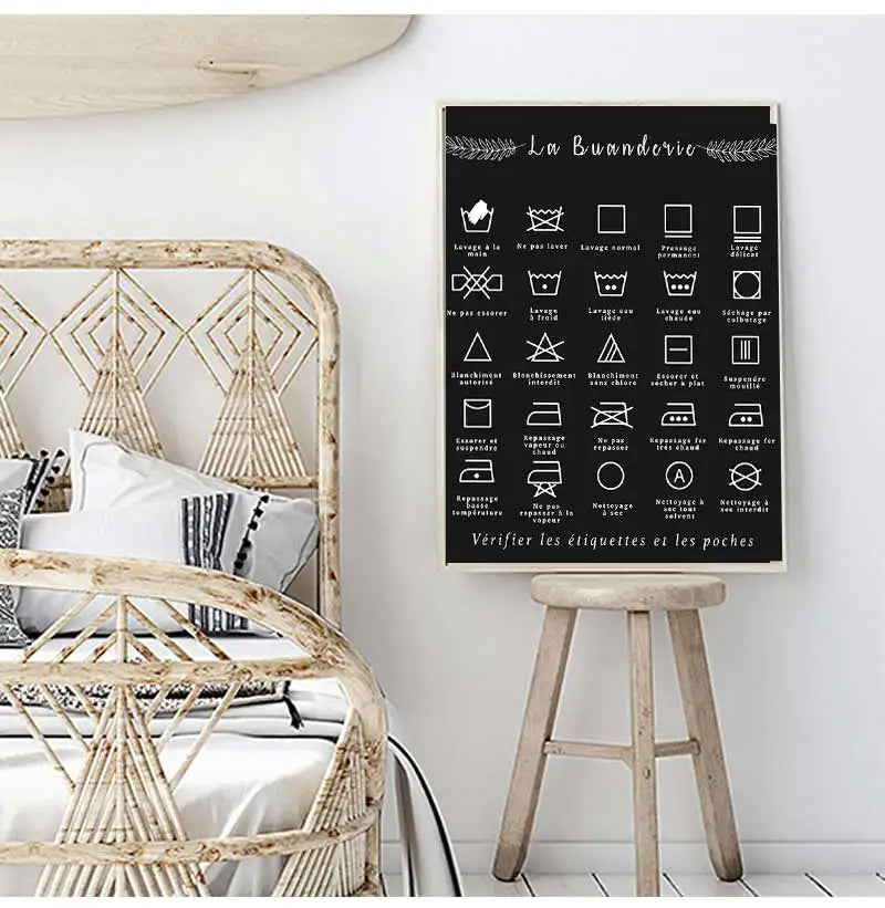 Art Picture Canvas Painting Laundry Room Decor French Symbol Sign Prints Black and White Affiche Buanderie Wall Peaceful Pleasures Health and Wellness
