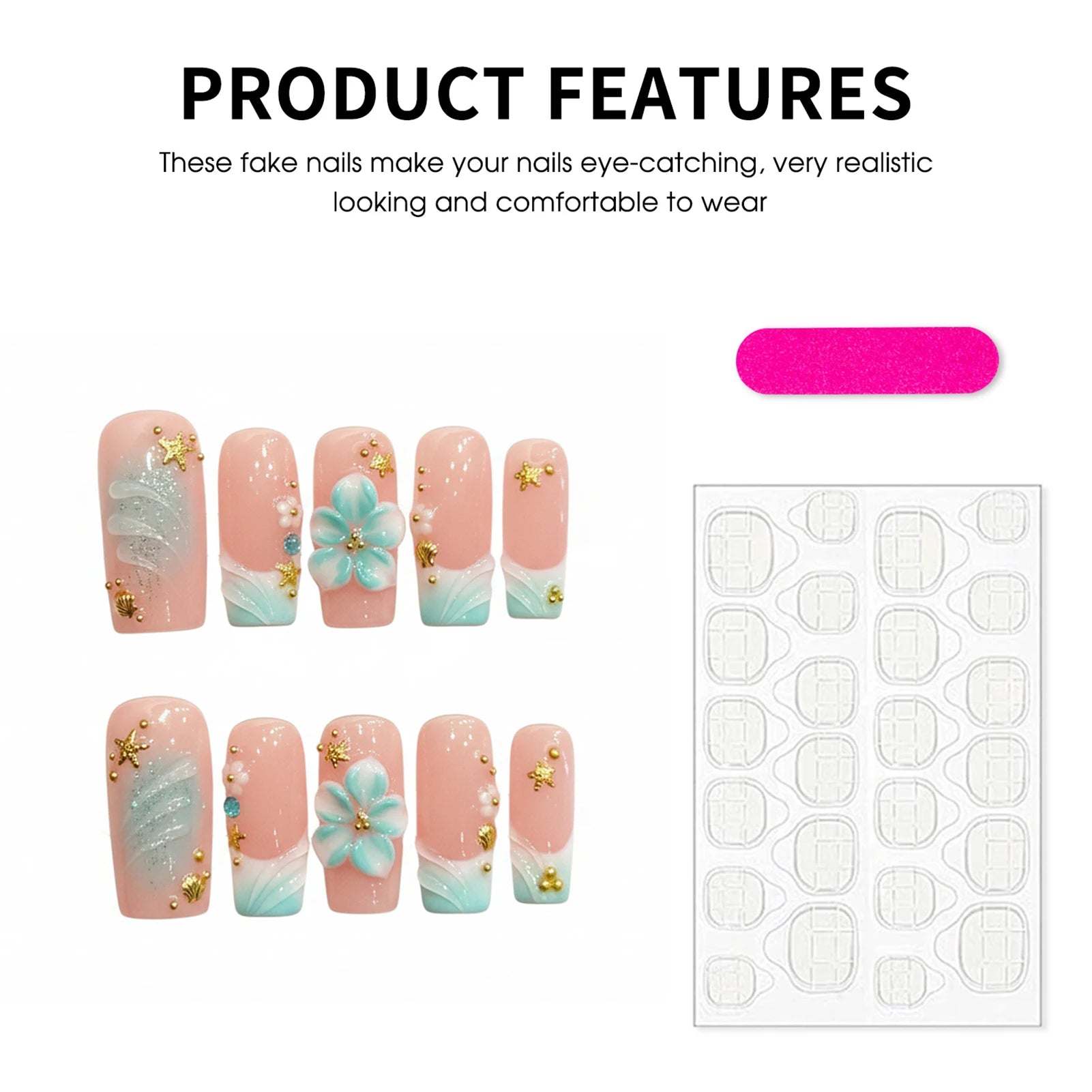 10pcs Handmade Press On Nails Ocean Style False Nails Pink Blue Color 3D Flower Design Long Square French Fake Nail Tip Wearable Peaceful Pleasures Health and Wellness