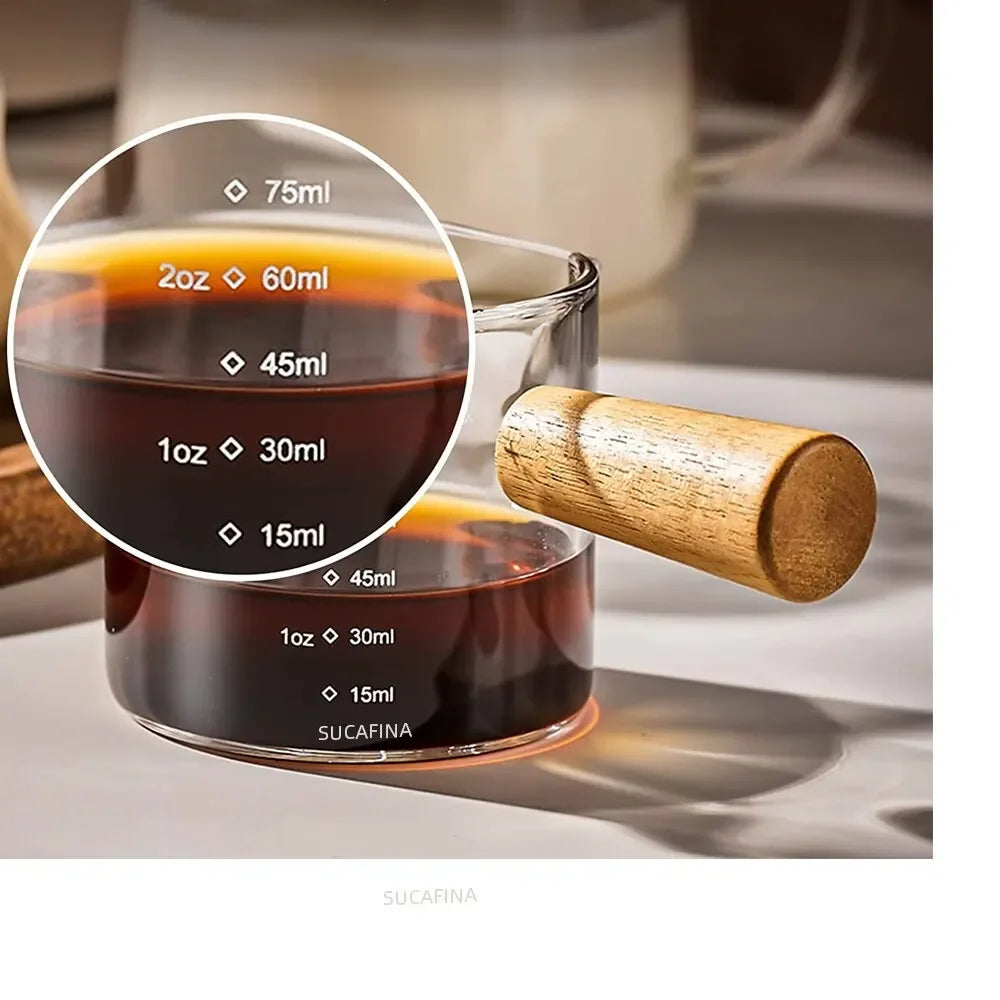 1pc Glass Measuring Cup Wood Handle Glass Espresso Measuring Cup Double Single Mouth Milk Coffee Clear Mug Coffee Supplies Peaceful Pleasures Health and Wellness