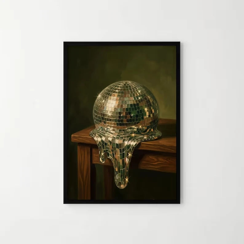 Retro Green Melting Disco Ball Canvas Wall Art Print Poster