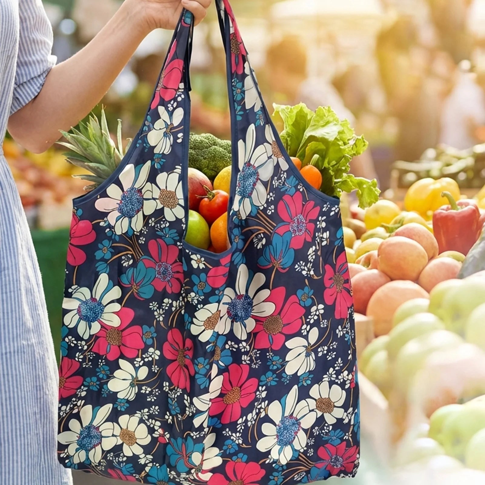 Eco-Friendly Foldable Shopping Bags Large Capacity Reusable Tote with Print Design for Grocery Store Use Portable Carry Handle Peaceful Pleasures Health and Wellness