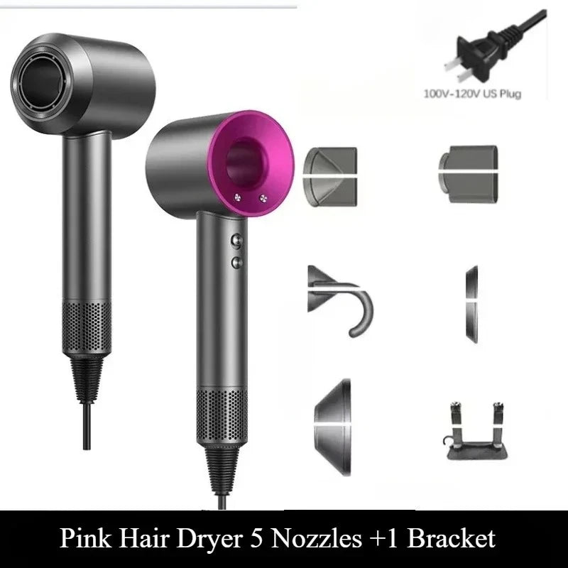2026 Negative Ion with Air Collecting Scattering Nozzle Salon Tool for Home Travel Professional Leafless Wall-mounted Hair Dryer Peaceful Pleasures Health and Wellness pink 5 nozzles US