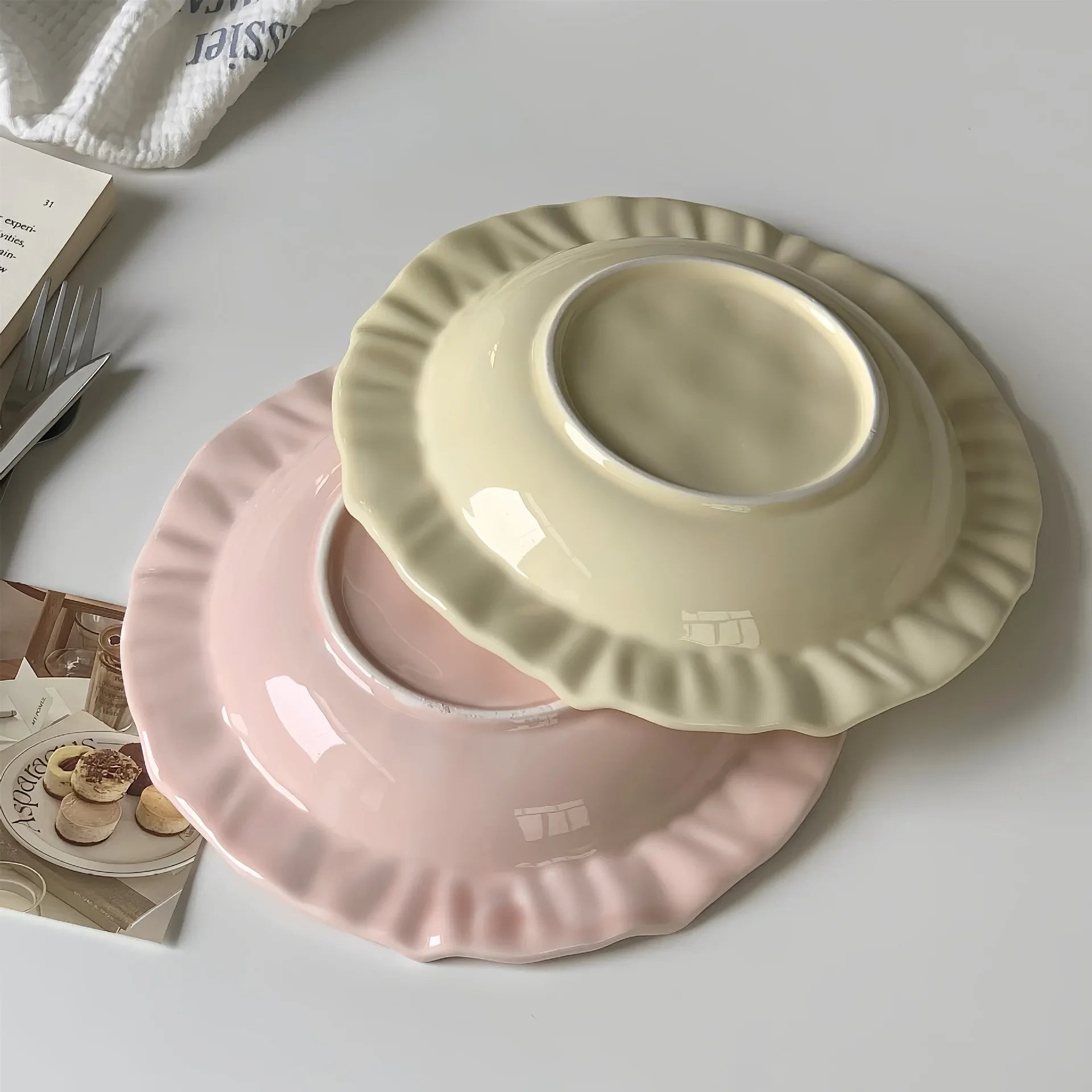 Advanced French Irregular Embossed Lace Plates Fruit Plate Pasta Plate Retro Solid Color Skirt Plate Cream Plates Dessert Plates Peaceful Pleasures Health and Wellness