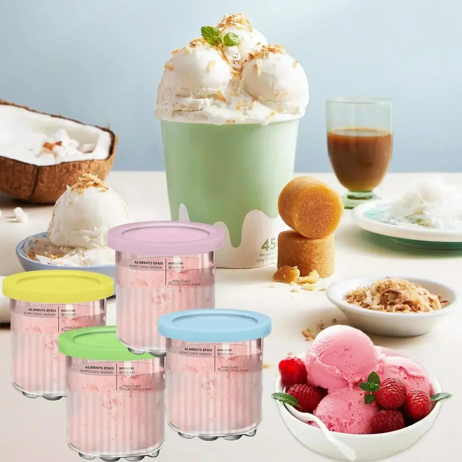 4Piece sets Creative Ice Cream PC Cup Creami Ice Cream Storage Containers With Lids and Scoop Apply to Ninja Creami NC500 NC501 Peaceful Pleasures Health and Wellness