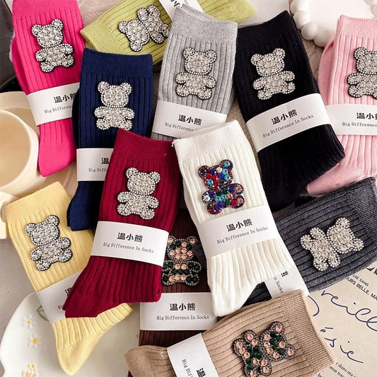 Diamond Cartoon Bear Decorative Socks, Fashionable Diamond Sparkling Women's Socks, Comfortable And Breathable Christmas Socks Peaceful Pleasures Health and Wellness