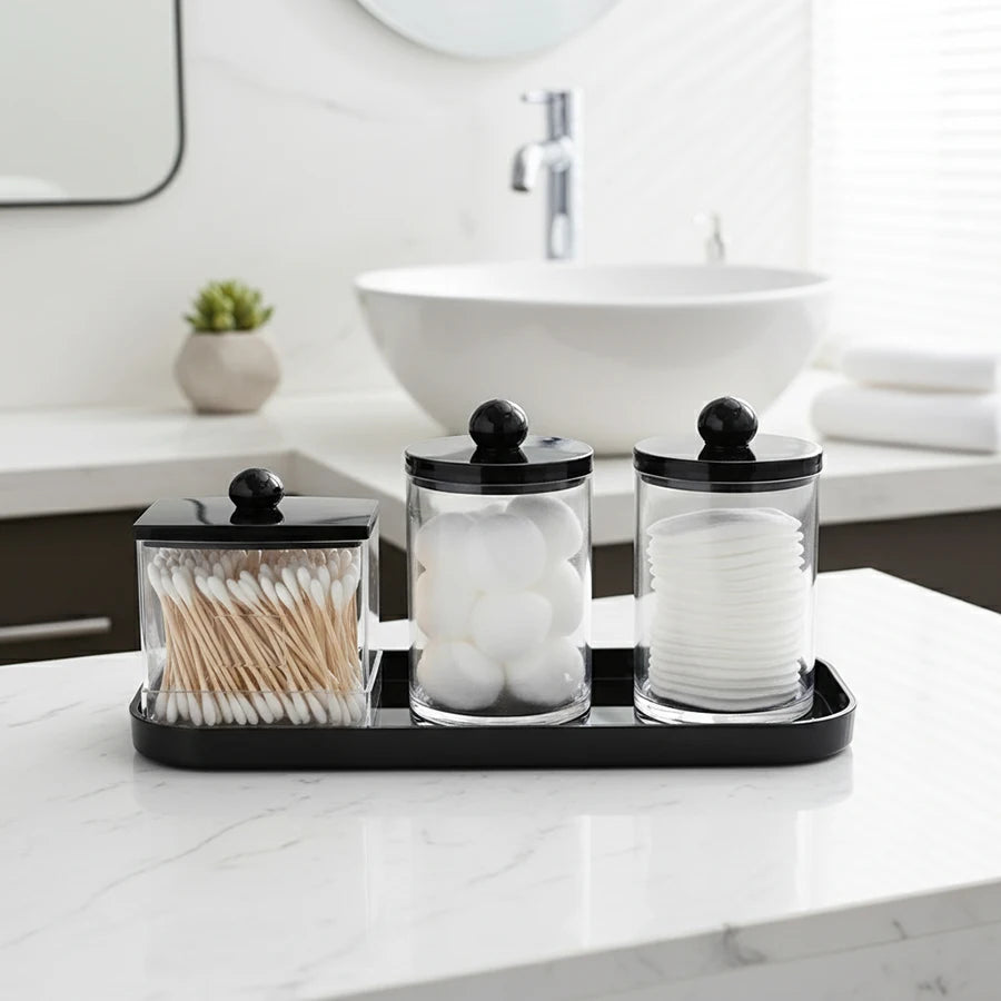Apothecary Jar Qtip & Cotton Round Holder with Tray – 3 Pack Bathroom Organizer Set