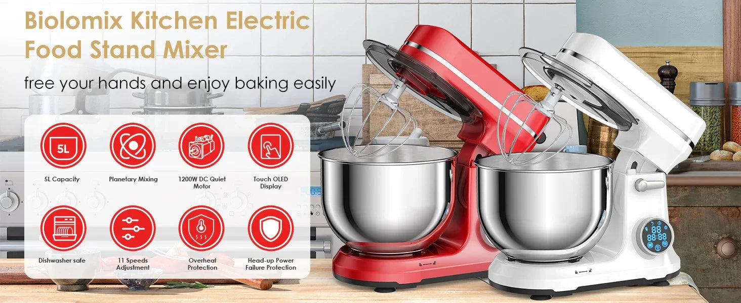 BioloMix 1200W 6L Stand Mixer – 6-Speed, Quiet DC Motor, Tilt-Head Stand Mixer BioloMix