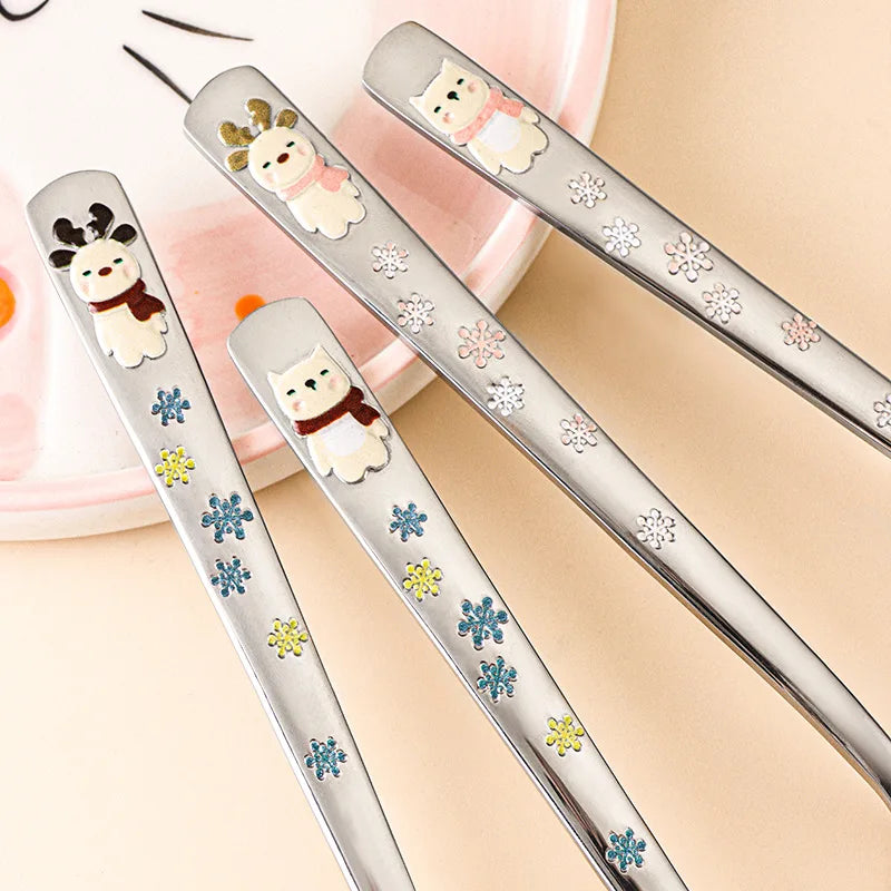 Hot 304 Stainless Steel Round Spoon Cartoon Embossed Deer Spoon Korean Style Household Long Handle Drinking Spoon Peaceful Pleasures Health and Wellness