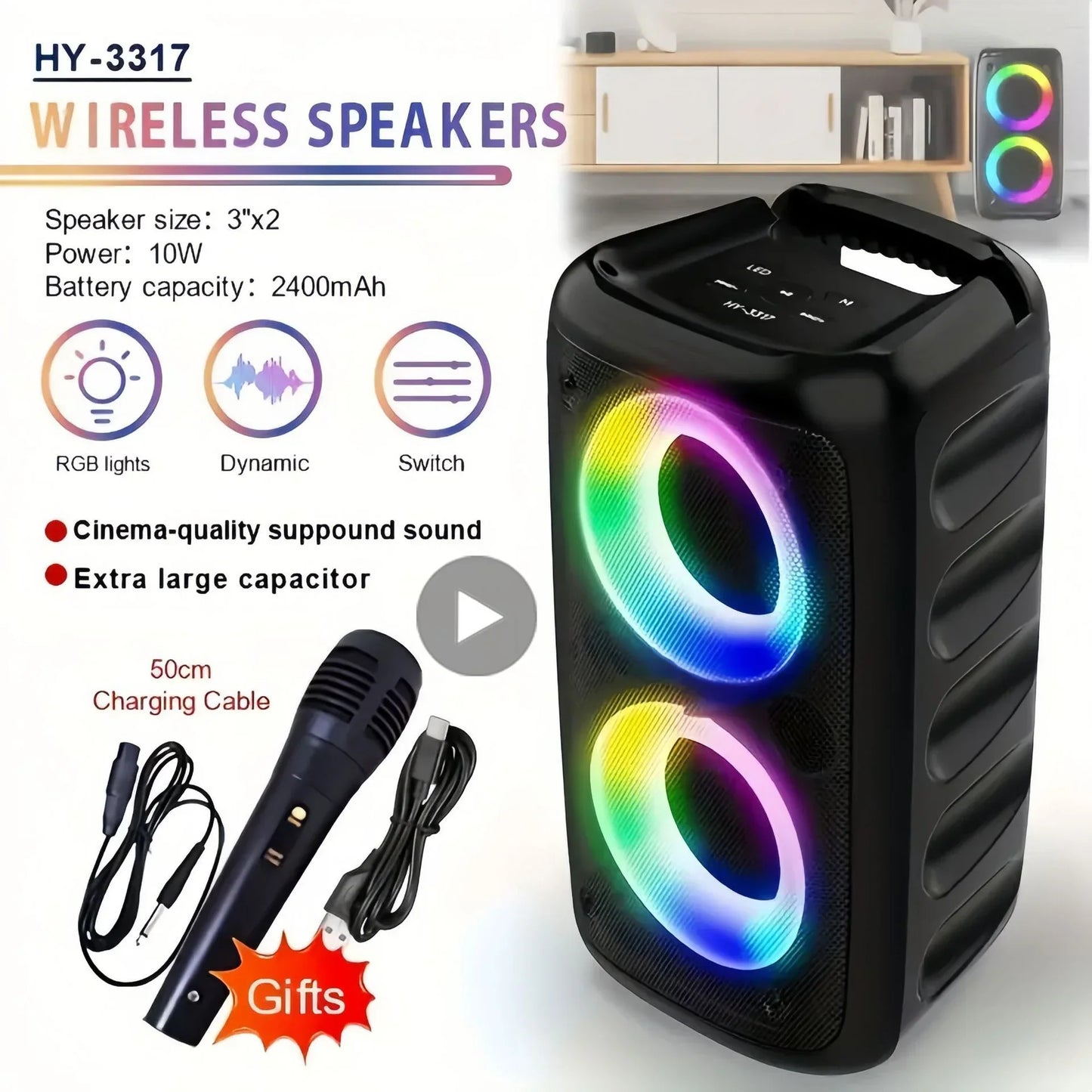 Portable Karaoke Bluetooth Speaker with Mic, FM Radio & LED Light