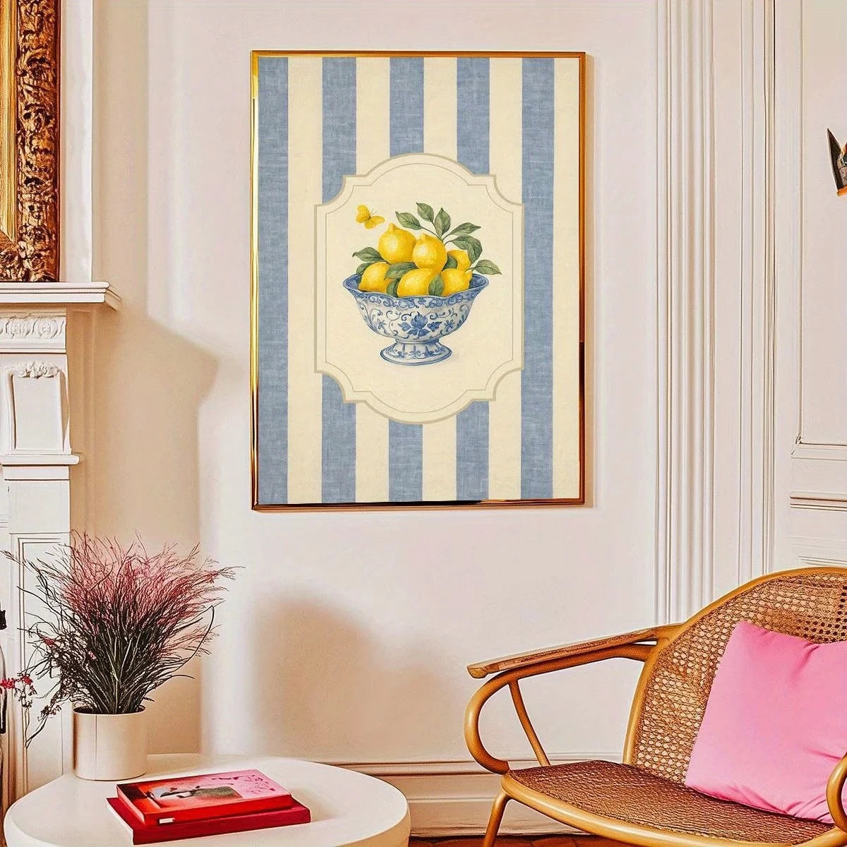 Modern Lemon Blue White Porcelain Bowl Canvas Wall Art Print