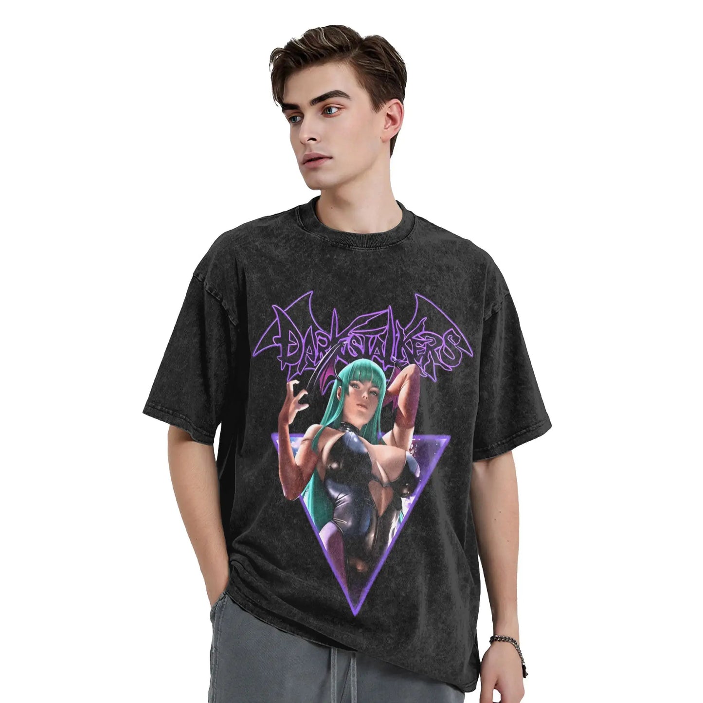 Casual Morrigan Aensland T-Shirts for Men Crew Neck Cotton Washed T Shirt Vampire Short Sleeve Tee Shirt Big Size Clothes Peaceful Pleasures Health and Wellness