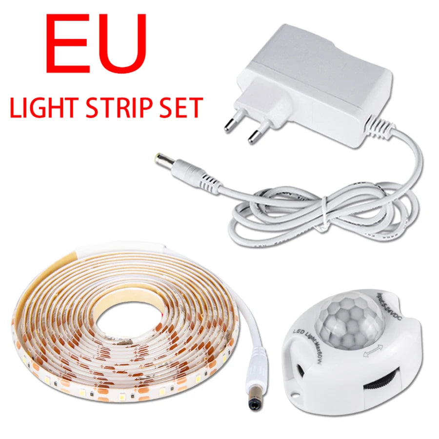 1M-5M PIR Motion Sensor 12V LED Strip Light Auto On/Off Human Body Induction LED Tape for Cabinet Stairs Wardrobe Closet Kitchen Peaceful Pleasures Health and Wellness EU Plug set WHITE 3m