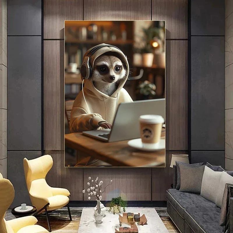 Funny Meerkat Canvas Wall Art | Cozy Animal Coffee Lover Print