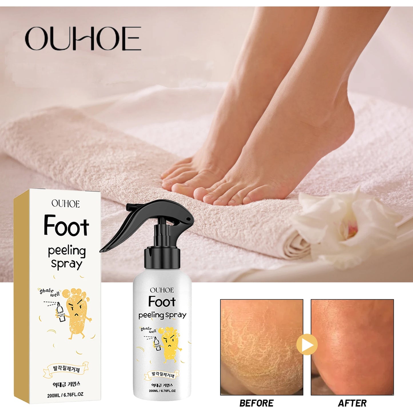 Ouhoe Foot Exfoliating Spray 72H Moisture Lock Callus Softener Anti Dry Crack Repair Odor Control Brightening Foot Care Liquid Peaceful Pleasures Health and Wellness